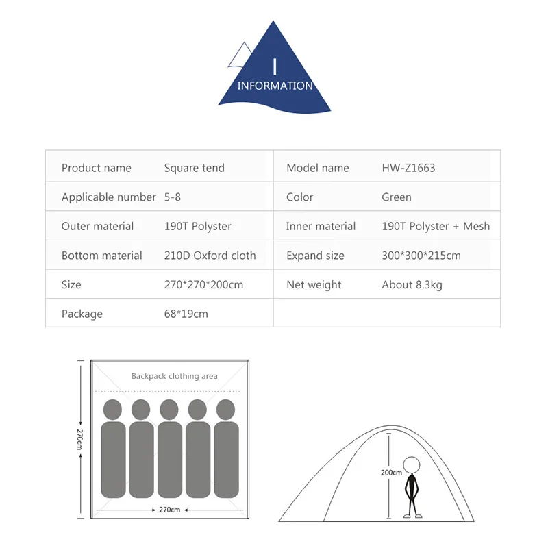 

Hewolf 5-8 Person Camping Tent Double Layer Waterproof Anti-Sun Outdoor Handbag Hiking Family Tent Insect mesh Breathable Teepee