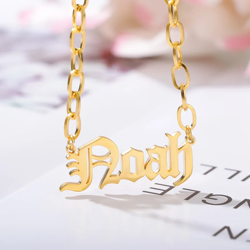 

Custom Old English Necklace Stainless Steel People Name Nameplate Gold Color Pendant Birthday Gift To Family and Best Friend