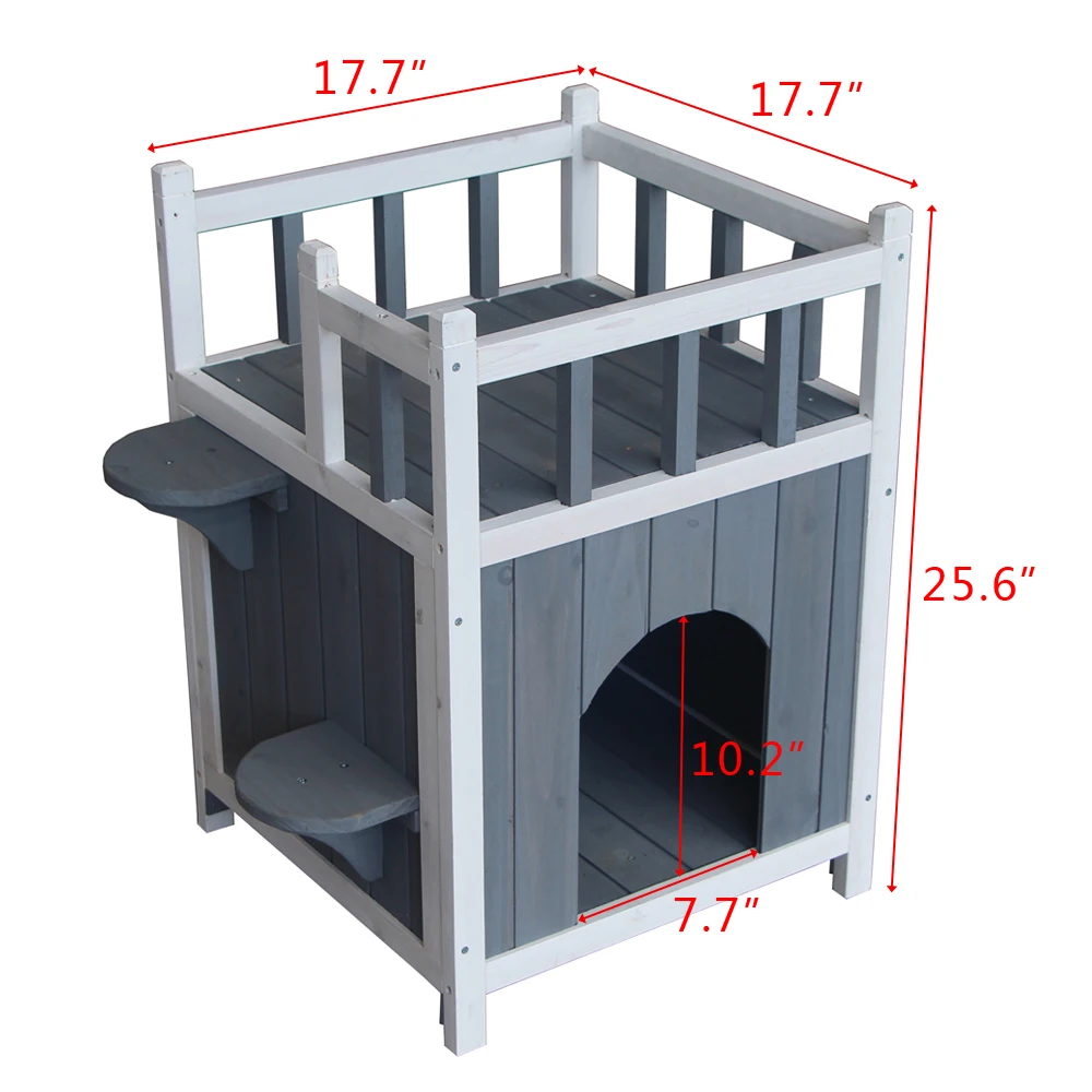 

(US)CA-450 Wooden Cat Pet Home with Balcony Pet House Small Dog Indoor Outdoor Shelter Gray & White Pet House Kitten Perches