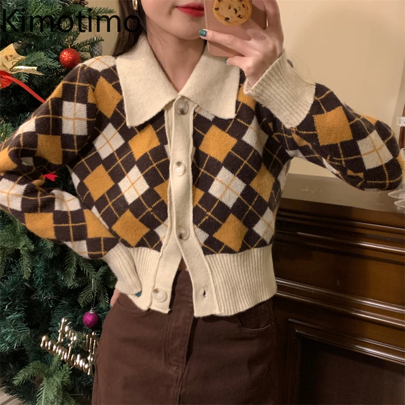 

Кардиган Kimotimo с узором ромбиками, свитер, женские зимние топы контрастных цветов с отложным воротником, Корейская шикарная модная короткая ...