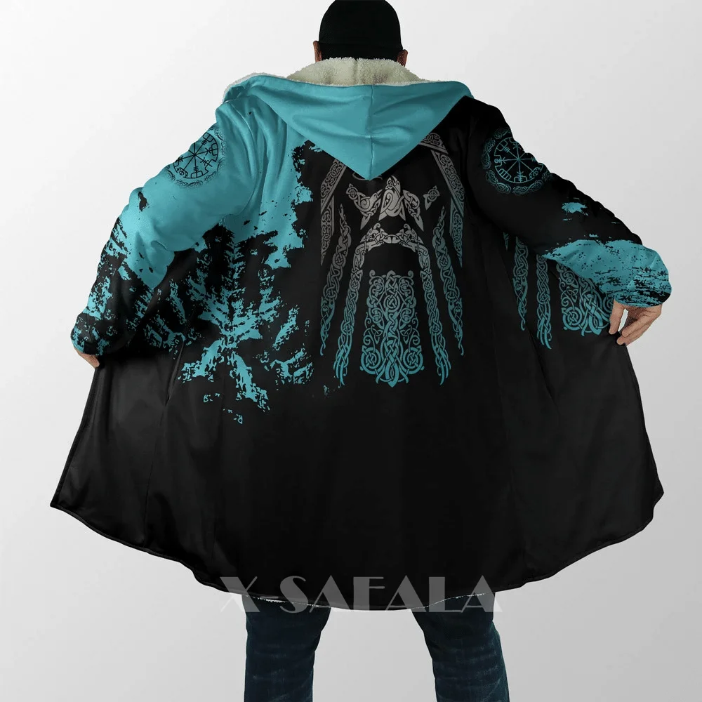 

Viking Totem Crow Eagle All Over 3D Printed Overcoat Thick Warm Hooded Cloak Coat for Men Windproof Fleece Unisex Casual