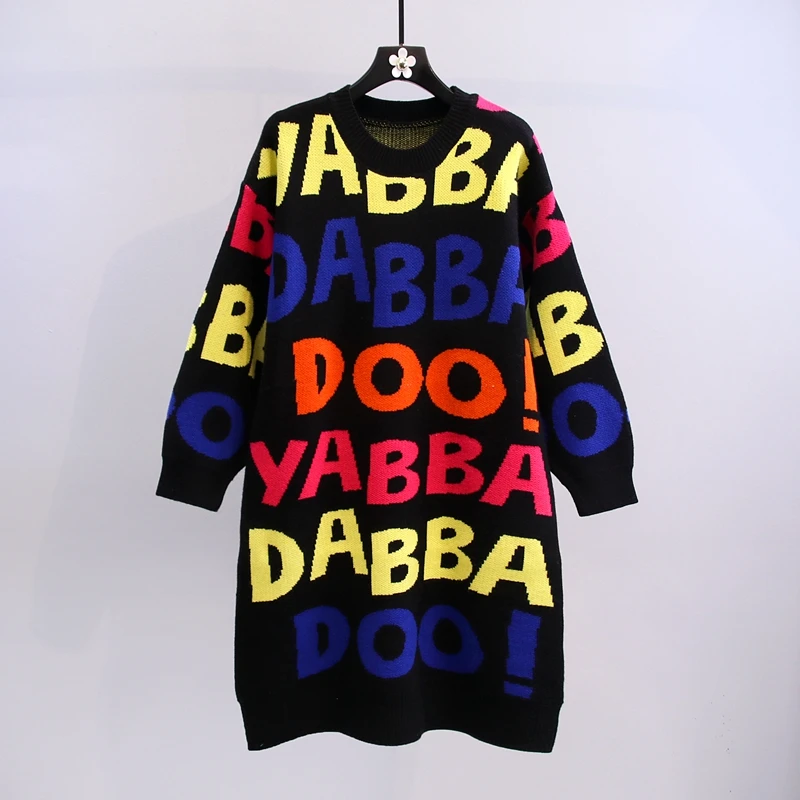 

Korobov 2021 New Autumn Winter Women Long Sweaters Vintage Streetwear Hit Color Letter Sueter Mujer Korean Harajuku Pullovers