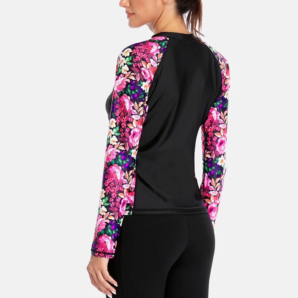 Charmleaks Women Rash Guard Top Swimwear Long Sleeve Rashguard Diving Shirts Surfing Top Retro Print Swimsuit Shirt UPF 50+