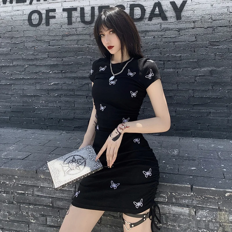 Горячая Распродажа черные платья с коротким рукавом и принтом бабочки женские