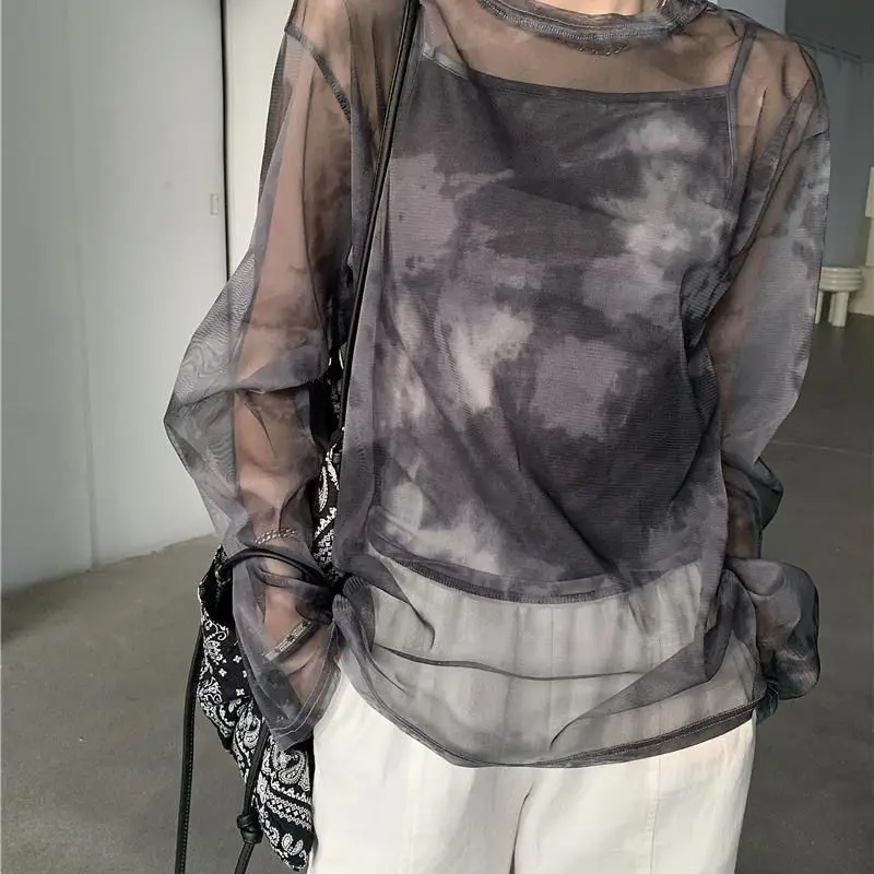 

2021 Summer New Mid -length Loose Bottoming Sleeves Blouse T- Shirt Tie-dyed Korean Style Long Tops y2k