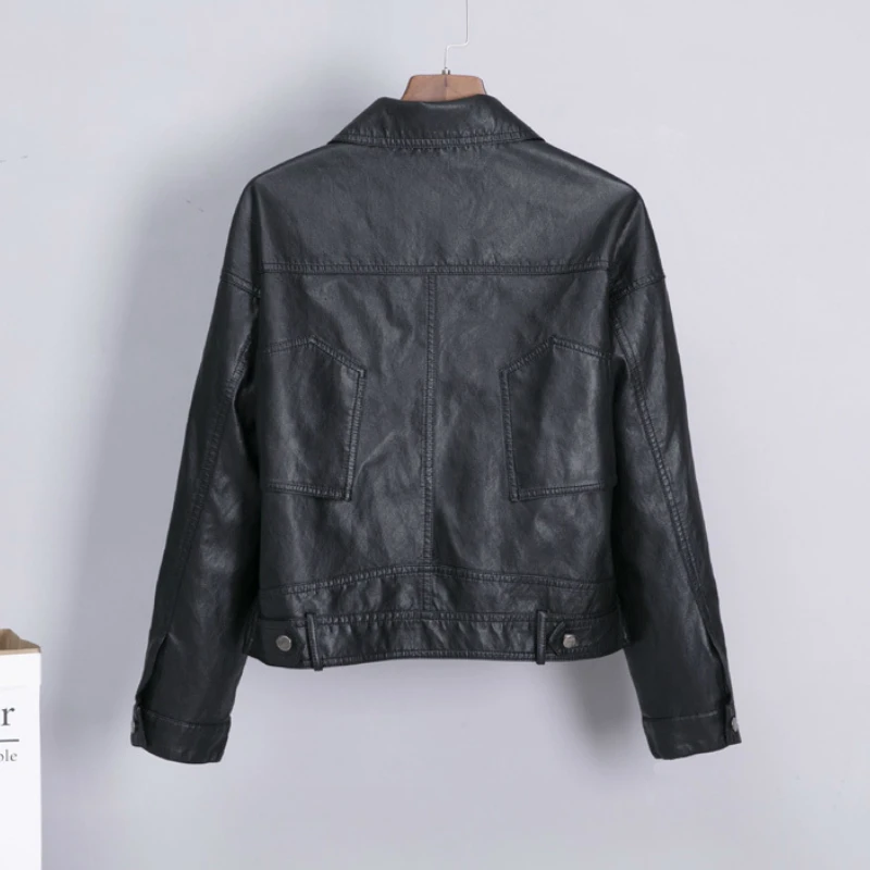 Женская кожаная куртка с большими карманами Повседневная Свободная однобортная