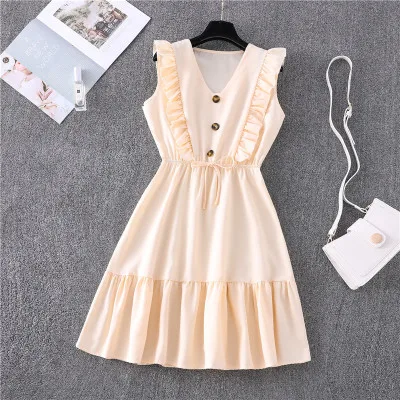 

Casual Women's Dress Sleeveless V-neck Ruffled Lace-up Button 2021 Summer Dress For Female Sweet Waist A-line Slim Midi Dresses