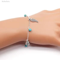 vintage alloy angel feather pendant bracelet gold silver simple design turquoise bead tassel chain ladies party accessories