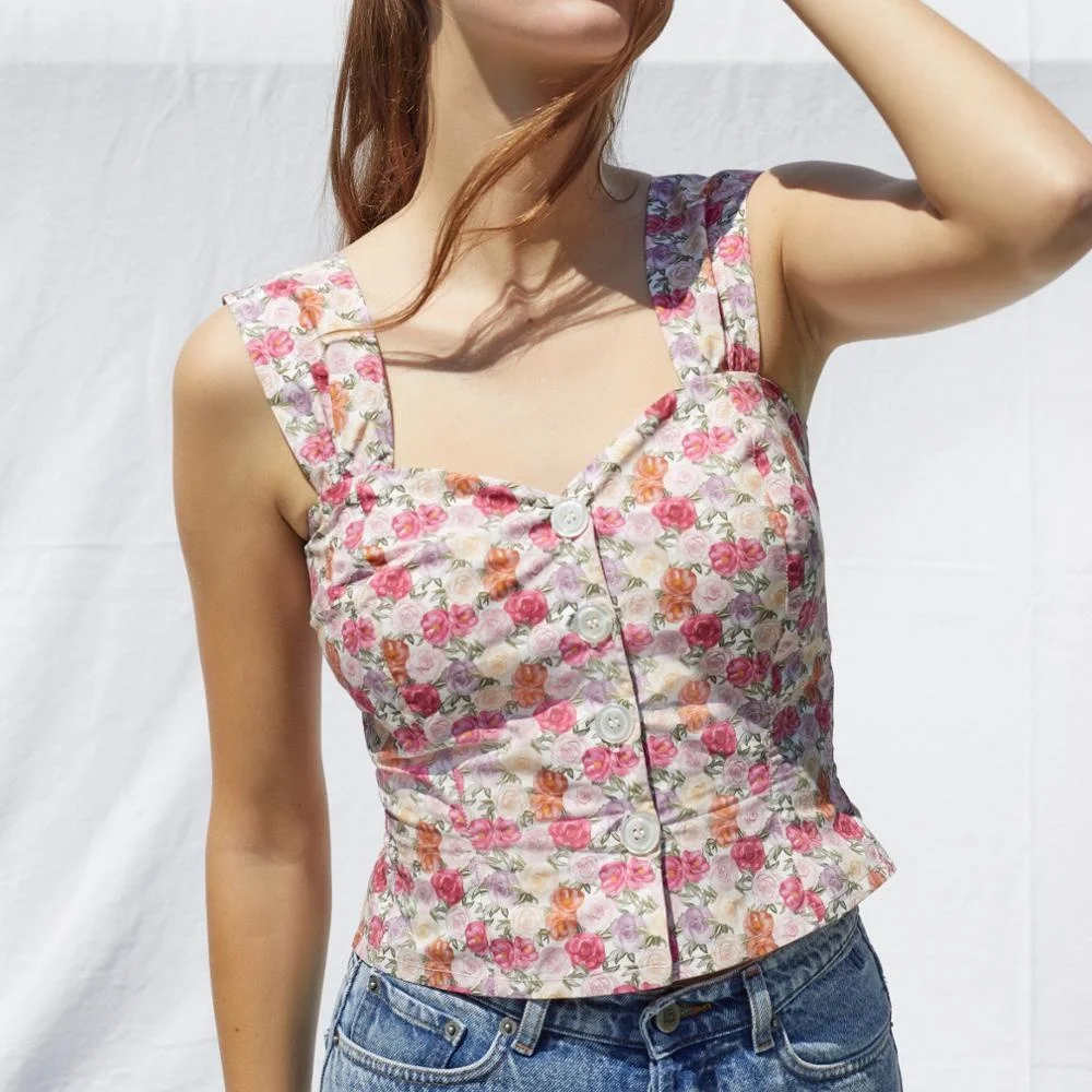 

Women Cotton Camis Floral Single Breasted Printed Two Colors Fresh 2021 Spring Summer Female Tops