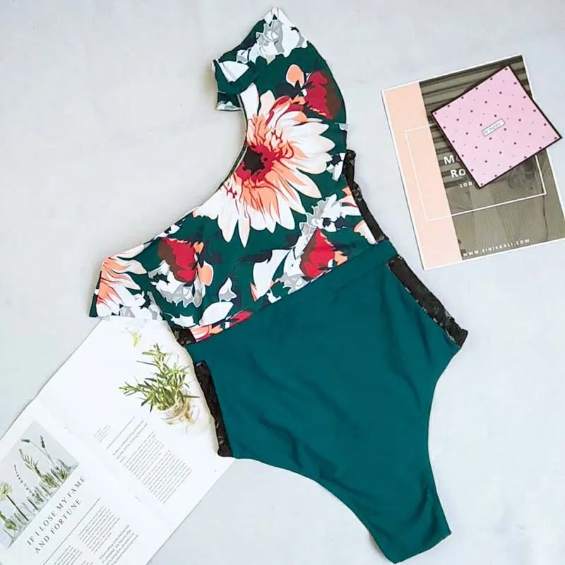 Swimsuit 2020 One Piece Ruffle Swimwear Women Bathing Suit Monokini Summer Shoulder Print Lace Ruched Mesh Swim XL | Спорт и
