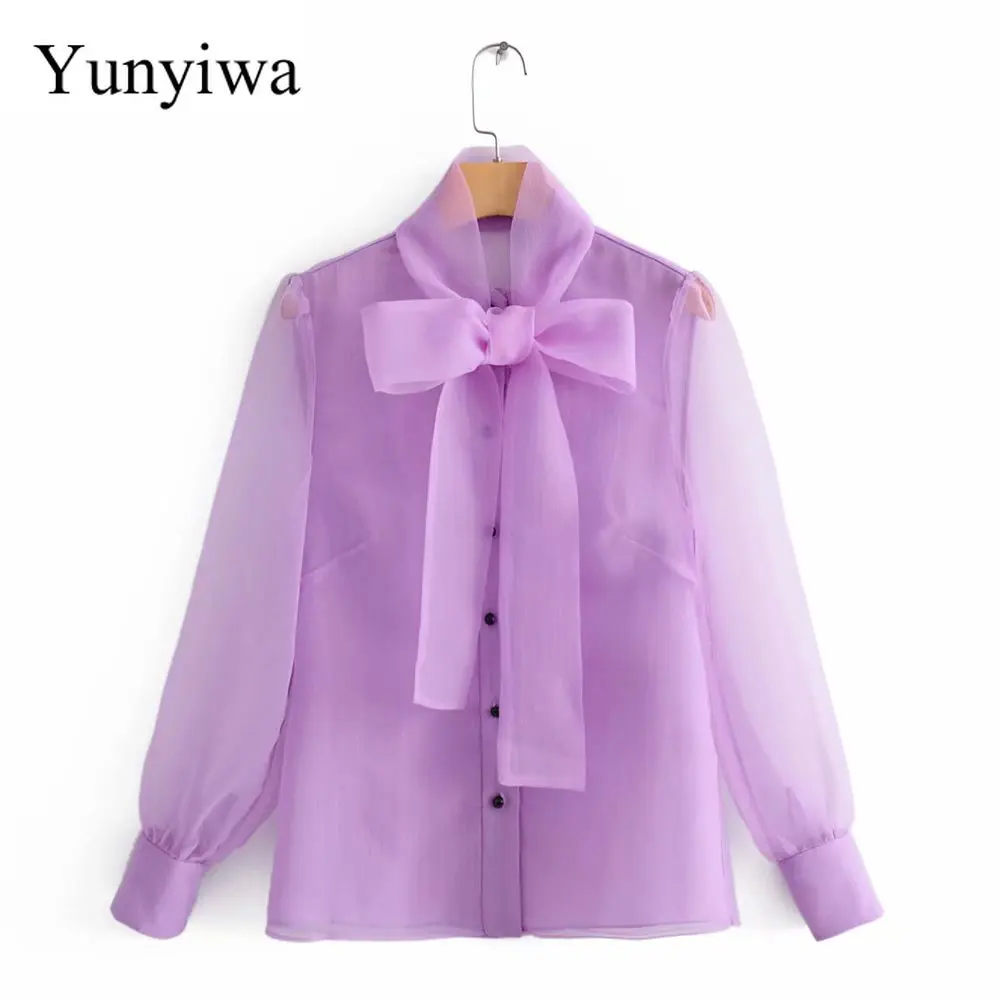 Женские сексуальные прозрачные рубашки с бантом и воротником повседневные