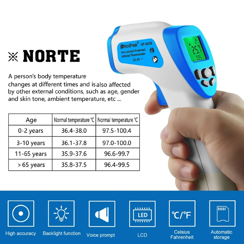 

Holdpeak HP-980B Household Body Infrared Thermometer Safe Professional Non Contact Baby Digital Thermometer Tester For Human