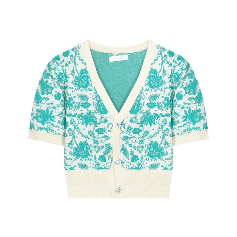 

French puff sleeve floral knit cardigan women's summer style design short-sleeved tops vintage flower short coat