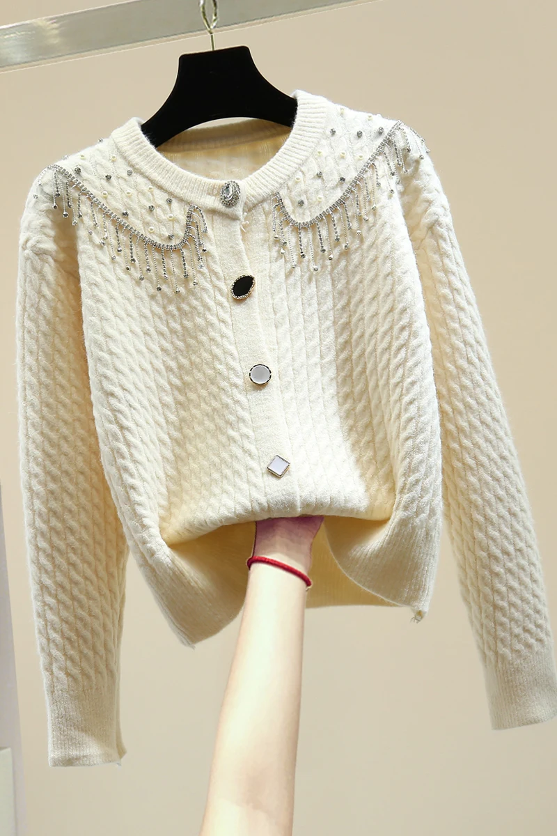 

Heavy Industry Beads Knitted Cardigan for Women 2020 Autumn Winter Diamond Long Sleeve Casual All-Match Sweater Girls Sweaters