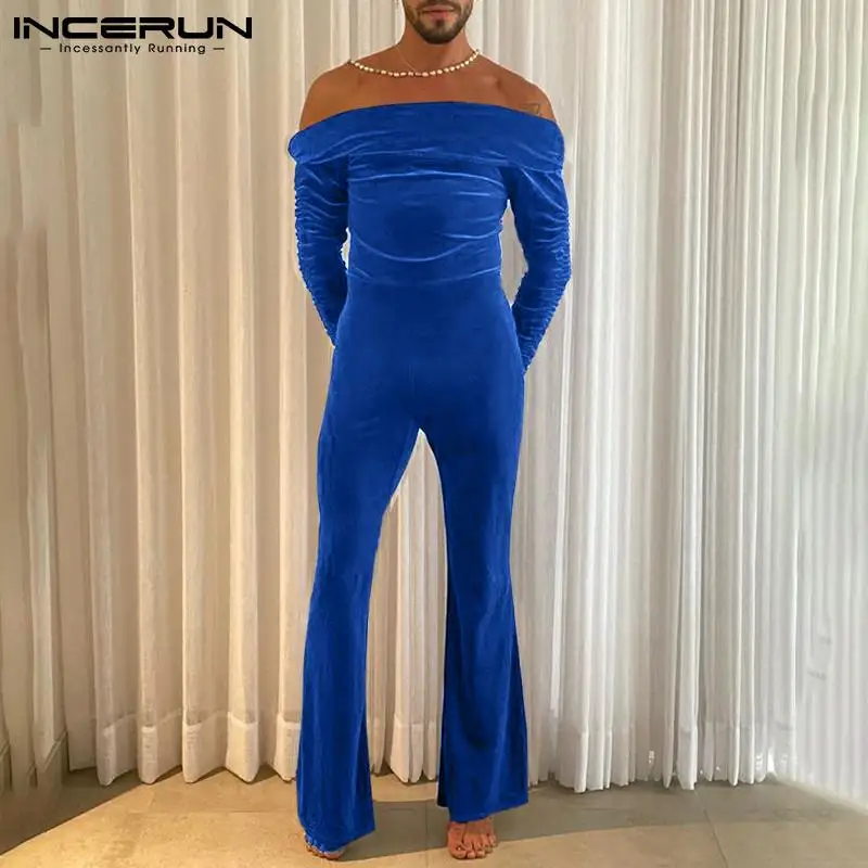 

Stylish New Men One-shoulder Skinny Jumpsuit Streetwear All-match Solid Fashionable Long-sleeved Onesies Trousers S-5XL INCERUN