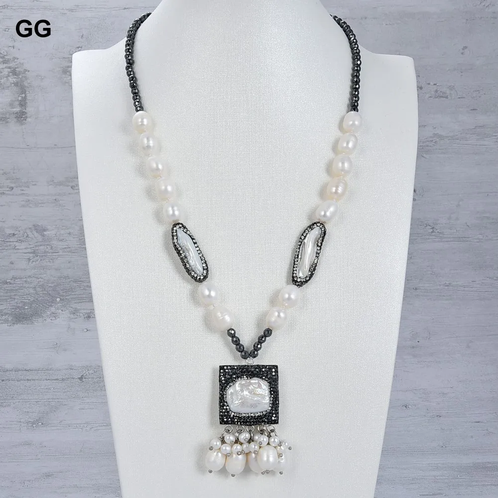 

GG Jewelry 21" Natural White Rice Pearl Biwa Pearl Hematite Pendant Necklace Earrings Sets