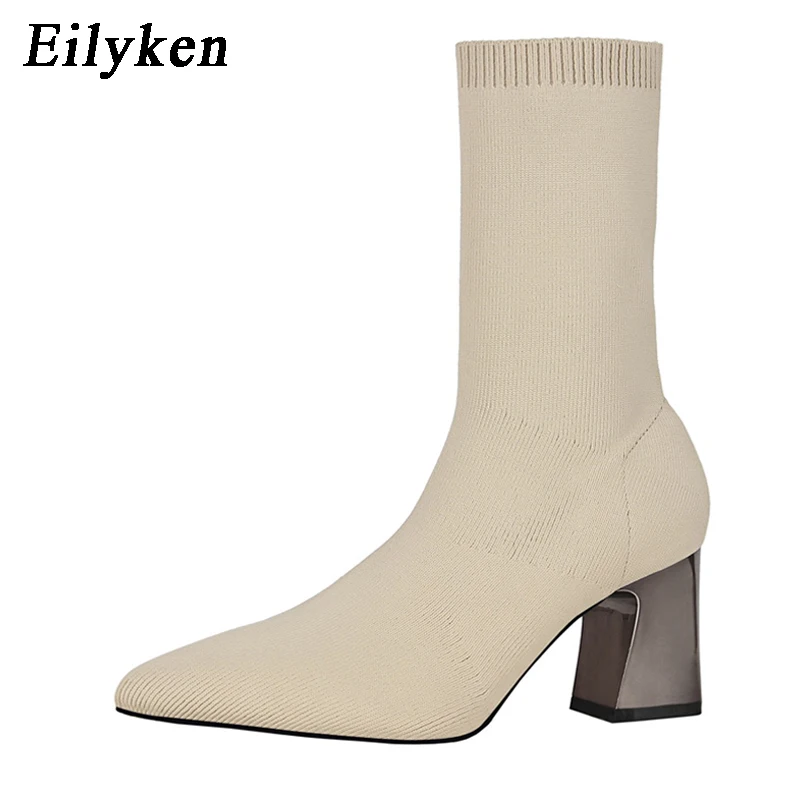 Apricot Eilyken/модные женские сапоги; Высокий каблук; сексуальный носок; вязаные сапоги; зимние сапоги на квадратном каблуке; женские сапоги с острым носком - Цвет: Apricot