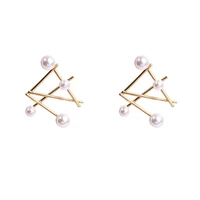 fashion girl metal irregular earrings simple geometric hollow pearl earrings needle jewelry