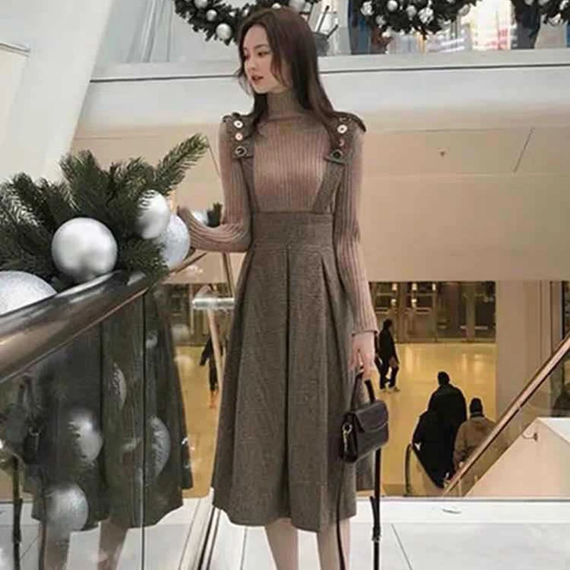 

Women's 2021 Spring And Autumn Wear New Woolen Strap Dress Is Thinner And high School Long Two-piece Skirt