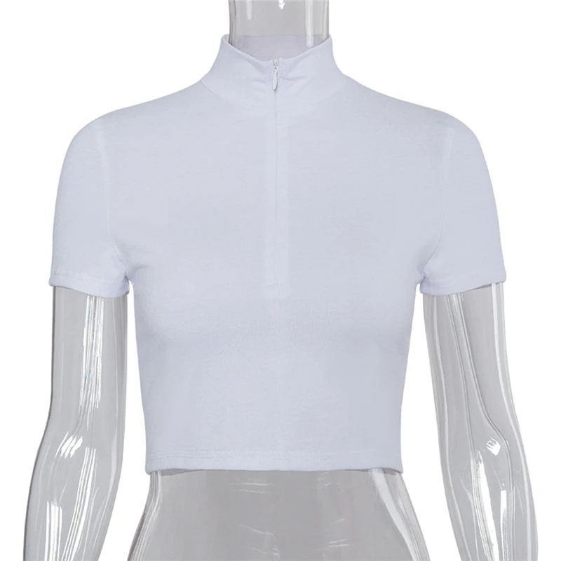 Fashion Summer Seamless Zipper T-Shirts Women Tops Basic Short Sleeve Tee Shirts Female Casual Cropped Top Streetwear | Женская одежда