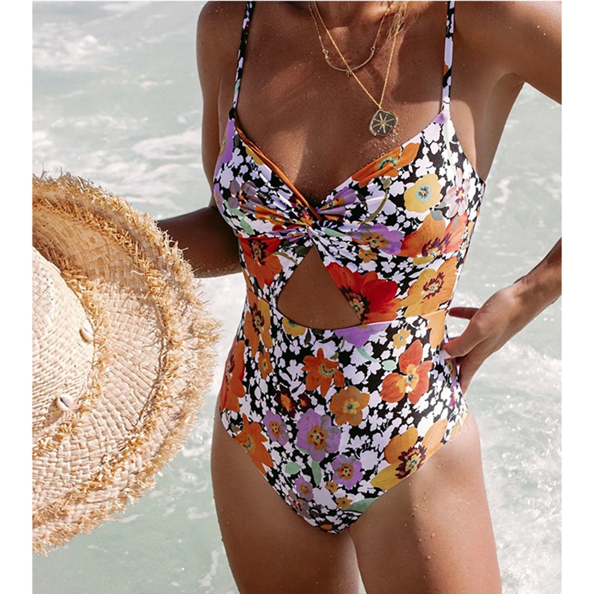Jastie Floral Print Cutout One Piece Swimsuit Women 2021 Summer Bohemian Beach Bikini Bathing Suit Holiday Sexy Swimwear