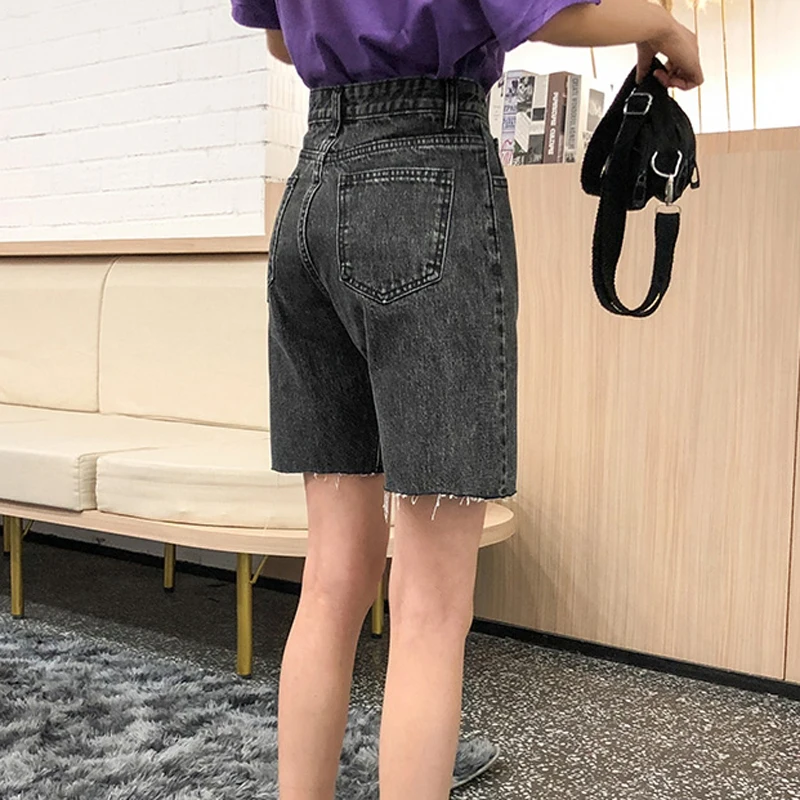 

Lucyever Summer Women Denim Knee Shorts Korean Fashion Tassel Jeans Casual Loose Wide Leg Black Blue High Waist Female Jeans