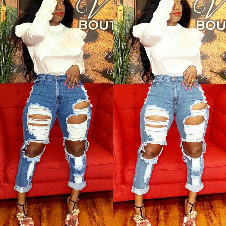 

Echoine Vintage High Waist Hollow Out Pencil Jeans Pant for Women Tassel Hole Pencil Pants Blue Plus size Ladies Jeans