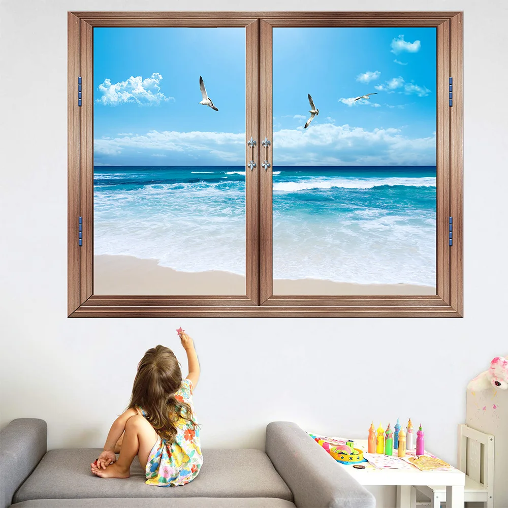 

New Beach Seagull Balloon 3D False Window Landscape Wall Sticker Bedroom Living Room Decoration Painting