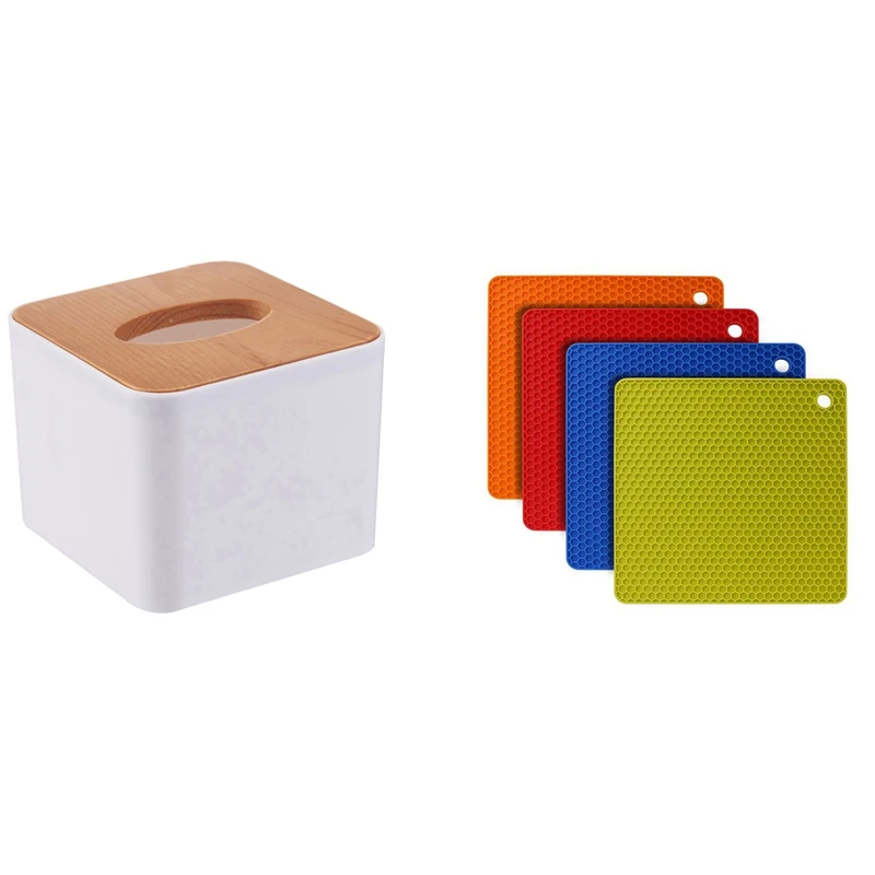 

1 квадратный деревянный держатель для салфеток и 4 подставки для кастрюль, силиконовый держатель для кастрюль, подставки для кастрюль