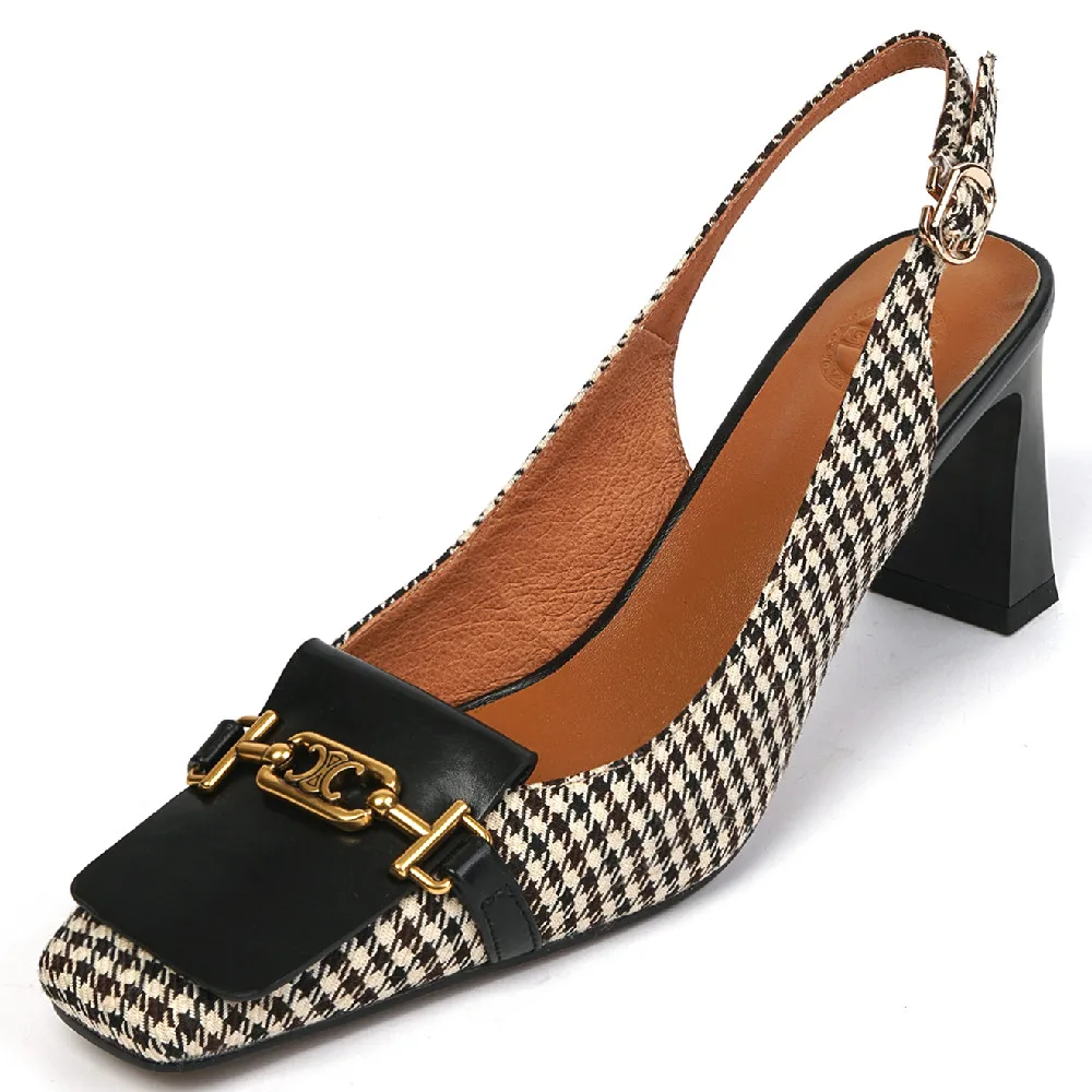 

Women's genuine leather fabric patchwork thin high heel square toe slip-on pumps elegant ladies slingback OL style drees shoes