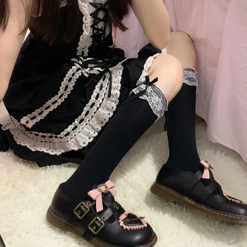 

Women Girls Lolita Cotton Knee High Long Socks Sweet Ruffles Lace Trim Bowknot Japanese Kawaii Stockings Cosplay Hosiery