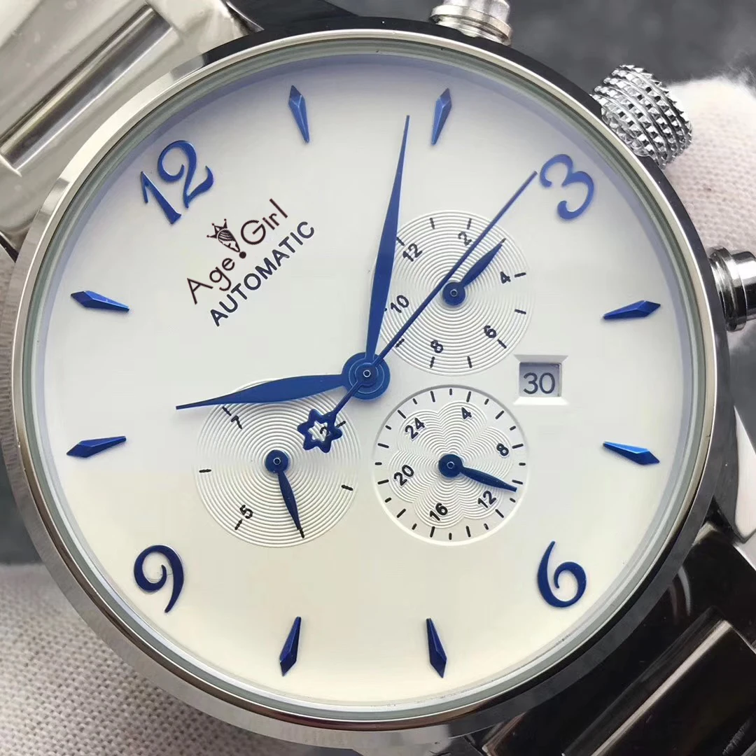 

Classic Men Automatic Mechanical Watches Stainless Steel Black Leather Blue Luminous Calendar Sapphire Simple Limited White