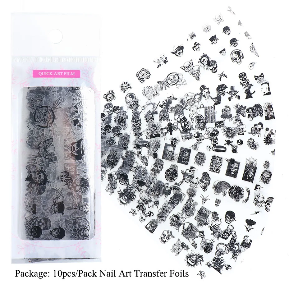

10pcs Starry Sky Nail Art Sticker Set Gradient Foil for Nails Manicure Black Skull Transfer Sticker Nail Art Decal Gel Slider