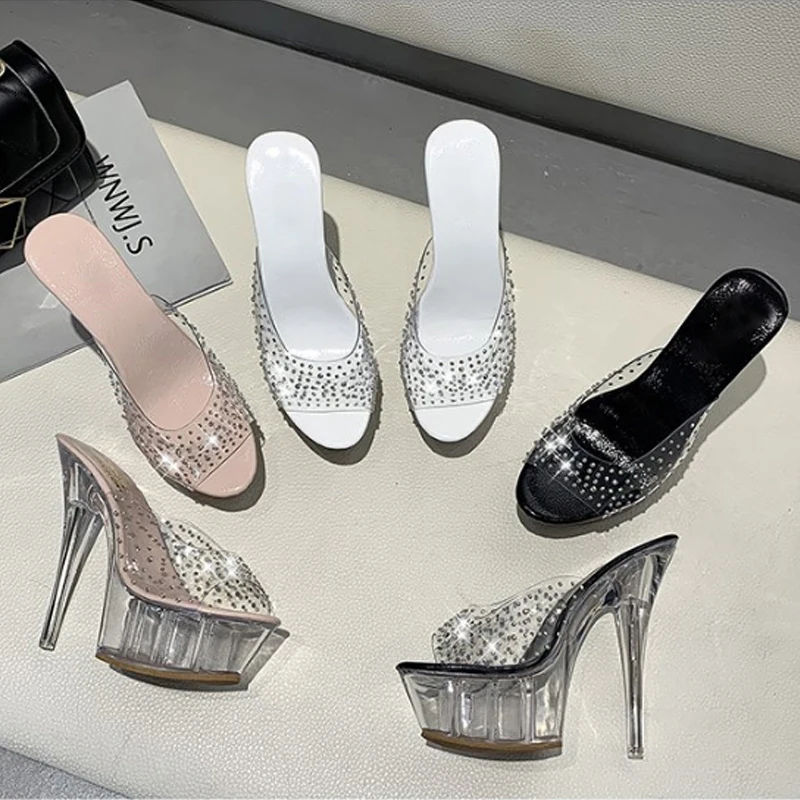

Outer Wear Crystal Rhinestone Slippers Women Waterproof Platform Metal Super High Heel Princess Sexy Transparent Sandals