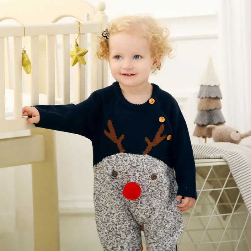 

Focusnorm 0-18M Newborn Kids Baby Girl Xmas Deer Knitted Romper Jumpsuit Winter Warm Clothes