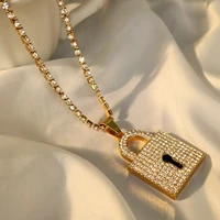 new gold silver color thick lock rhinestone pendant necklace for women bling crystal chain necklace on neck punk fashion jewelry