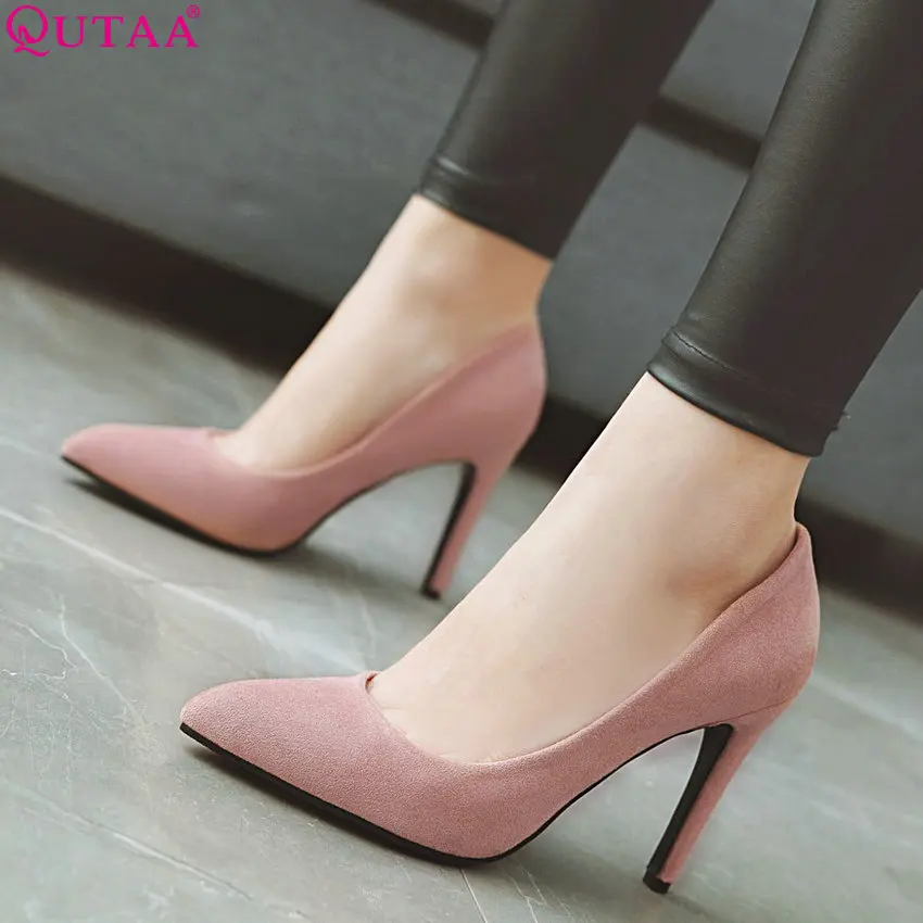 Женские свадебные туфли лодочки QUTAA серые из флока на тонком высоком каблуке с