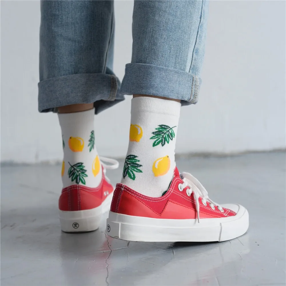 Korean Fresh Fruits Socks Lemon Avocado Pineapple Cherry Blueberry Orange Gardenias Banana Flamingos Plumerias