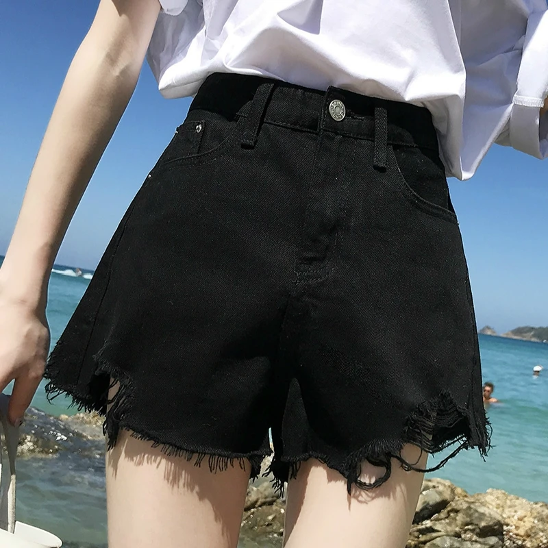 

Шорты для женщин черные джинсы скинни с завышенной талией на резинке корейский стиль Женские бедра однотонные удобные модная пуговица лета...