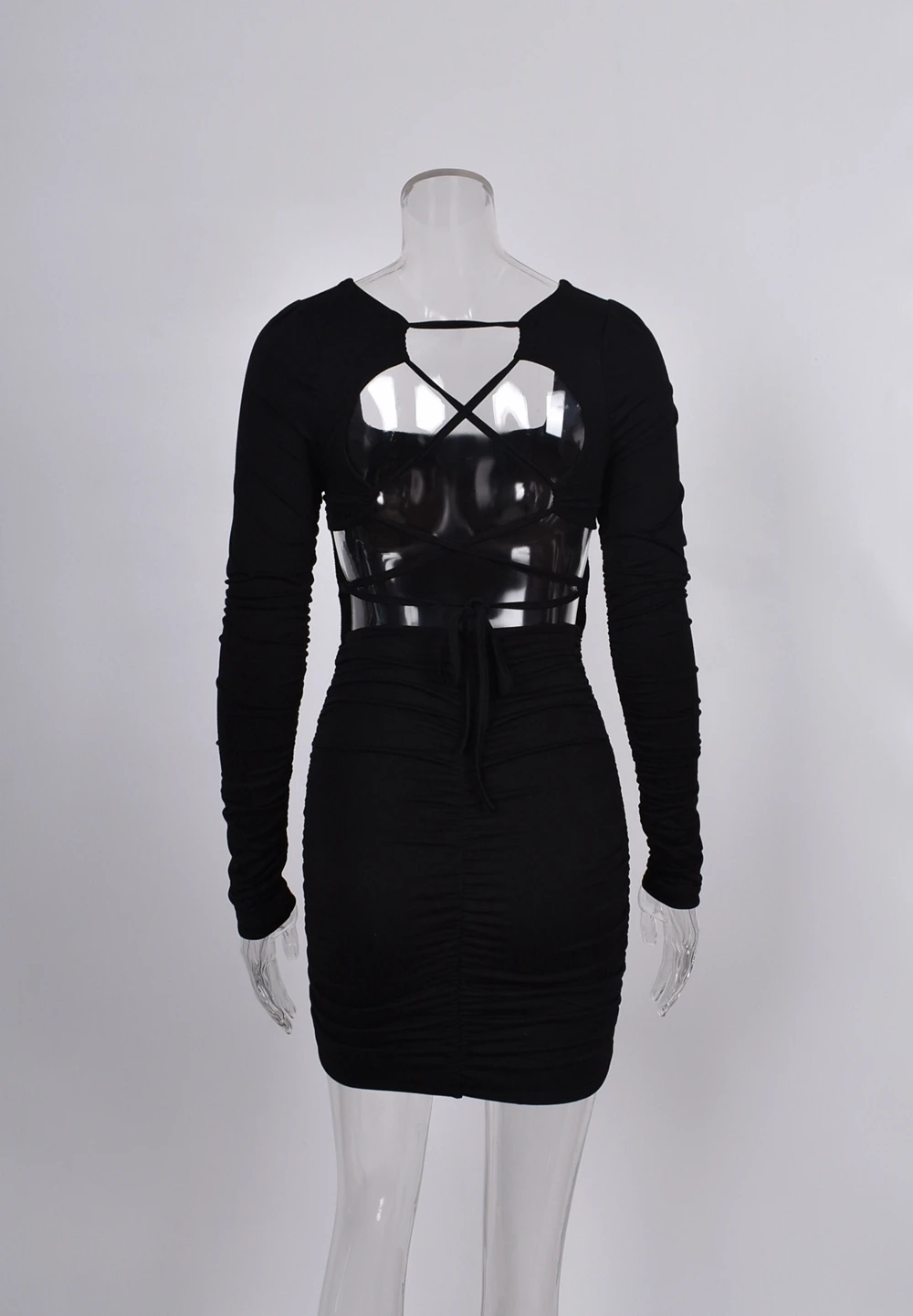 

Summer's New Sexy Casual Women's Black and White Collar Long Sleeve Strap With Tight Pleated Mini Short Dress