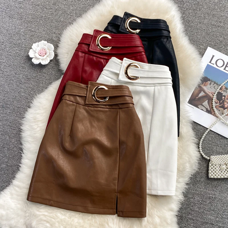 

Модная офисная короткая кожаная юбка для работы, сексуальная женская полуюбка, новая Асимметричная трапециевидная юбка из искусственной к...