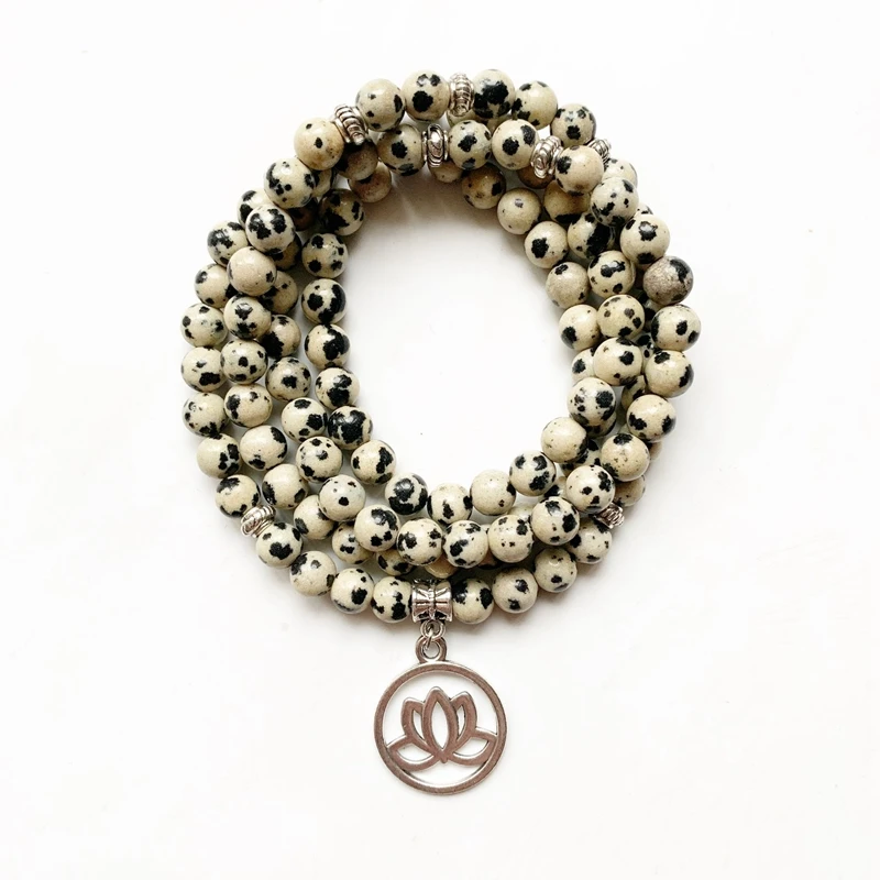 

Natural Dalmation Jasper Stone Prayer Beads Mala 108 Beads Bracelet Meditation Mala Necklace Tibetan Silver Lotus Om 6mm Craft