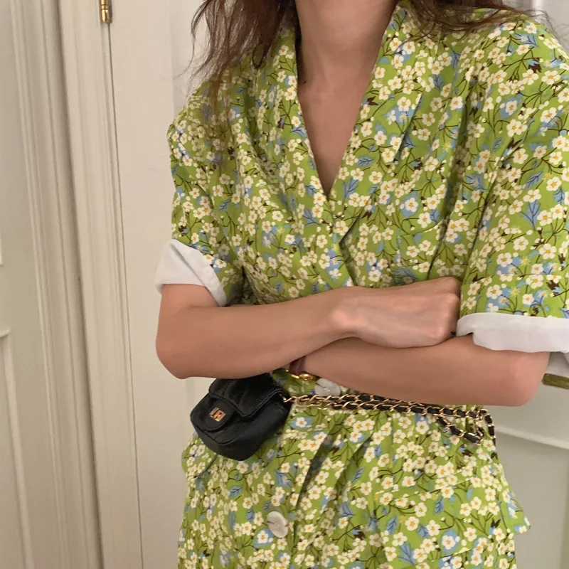 

French Vintage Single-Breasted Ladies Short Sleeve Floral Shirt Dress Korean Elegant One Piece Loose Women Suit Dress Summer New