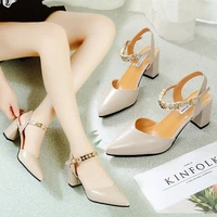 mid heel sandals womens baotou 2020 summer new style buckle pointed toe comfortable korean thick heeled hollow high heels women