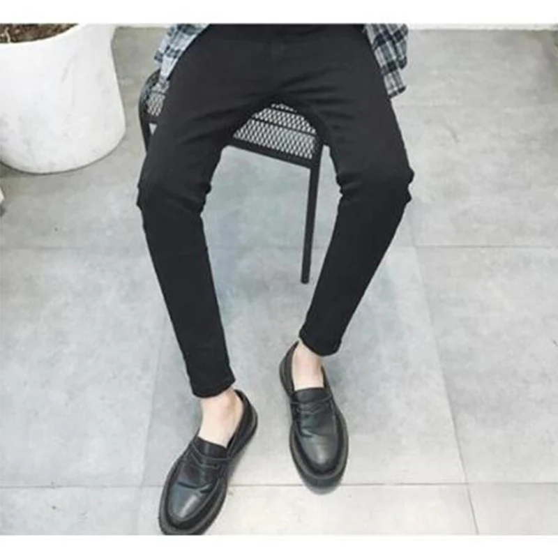 

Knee Hole Slim Fit Jeans Men's Black Large Size Stretch Long Pants Raw Edge Pencil Pants Harajuku Style Men Jeans Pants Slim