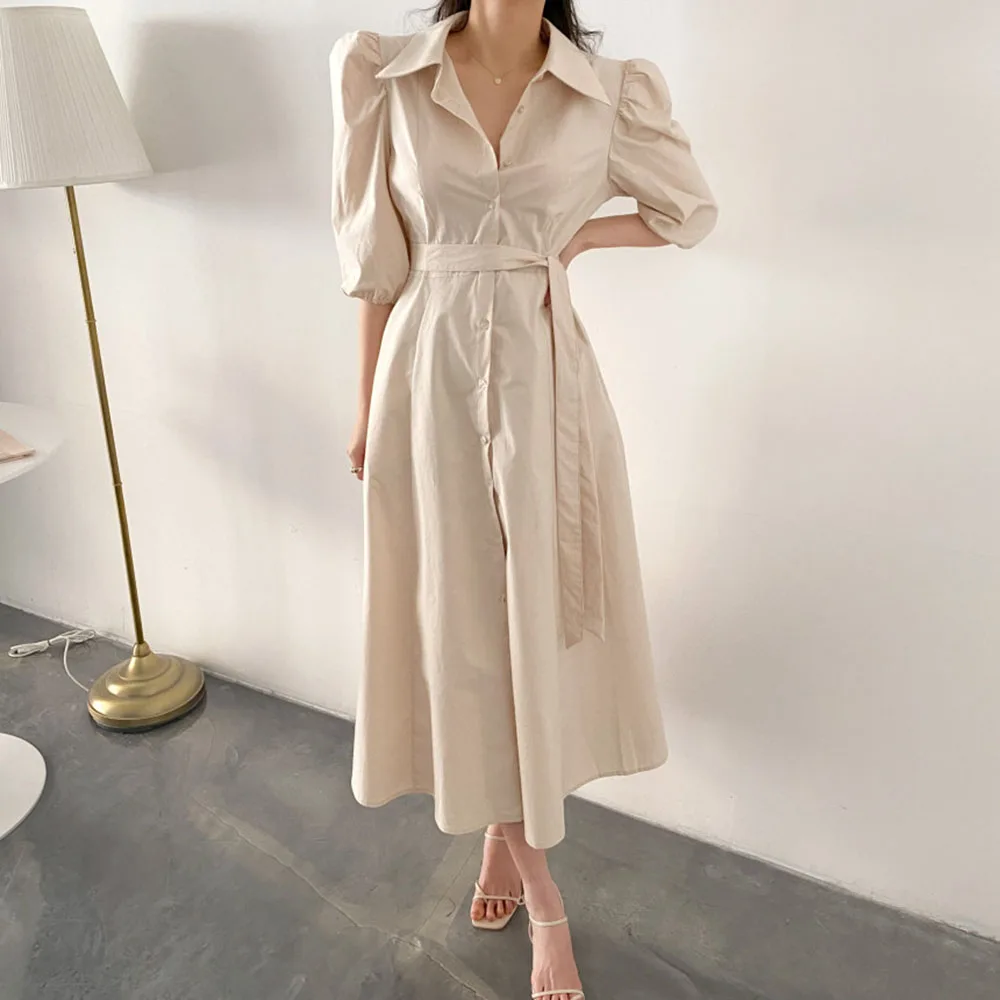 

Summer New Japanese Style Korean Fashion 2021 Single-breasted Puff Sleeve Lace-up Ladies Dress Solid Color Casual Lapel