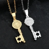 100 stainless steel saint benedict cross medal key pendants necklace san benito religious medals wholesale 10pcs
