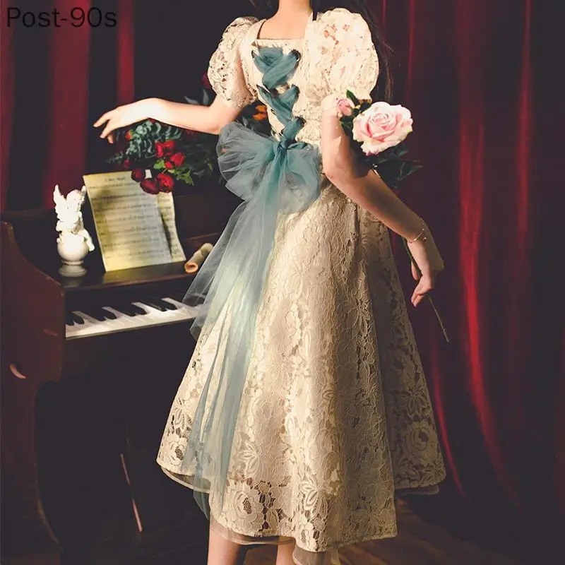 

2022 Summer Vintage Dress Bowknot A-Line Elegant Lace French Fairy Dress Female Square Collar One Piece Dress Korean Weddings
