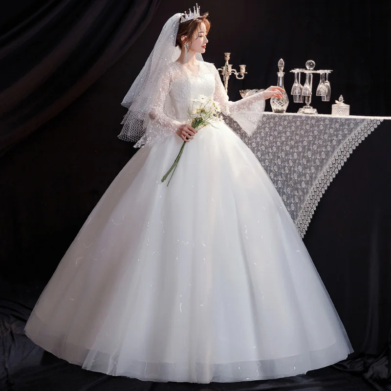 Popodion свадебное кружевное платье с v-образным вырезом Свадебное длинным рукавом es