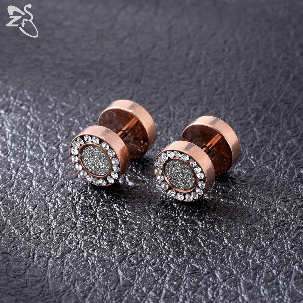 ZS Stainless Steel Stud Earrings For Women Girls Shiny AAA Cubic Zirconia Round Ear Gold Rose Color 16G Fake Plugs | Украшения и